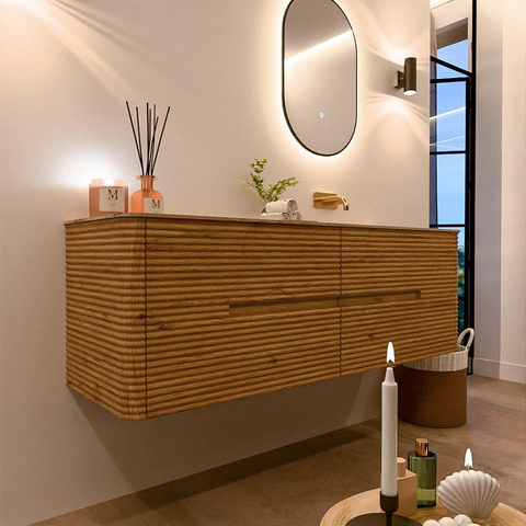 Mondiaz CIRO-DLUX Meuble de salle de bains - 150x45x50cm - Plan vasque solid surface Arena - 1 vasque à droite - sans trous de robinetterie - 4 tiroirs - Chêne SW1531351