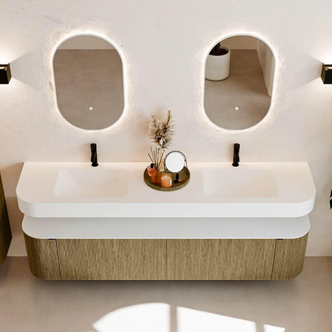 MONDIAZ THOR 200cm meuble de salle de bains arrondi gauche + droite couleur Dusk avec 2 tiroirs et 2 portes. Vasque suspendue CLOUD Double 2 trous de robinet couleur Talc. SW1466837