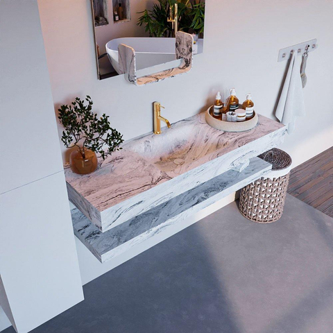 Mondiaz ALAN-DLUX Ensemble de meuble - 130cm - meuble Glace mat - 0 tiroirs - Lavabo Cloud Glace suspendu - vasque Centre - 1 trou de robinet SW808983