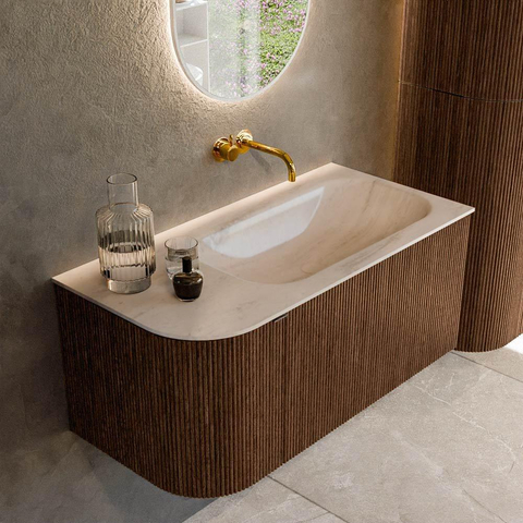 MONDIAZ KURVE-DLUX Meuble de salle de bains 95cm arrondi à gauche couleur Walnut avec 1 tiroir et 1 porte. Lavabo BIG SMALL à droite sans trou de robinet Meli. SW1434020