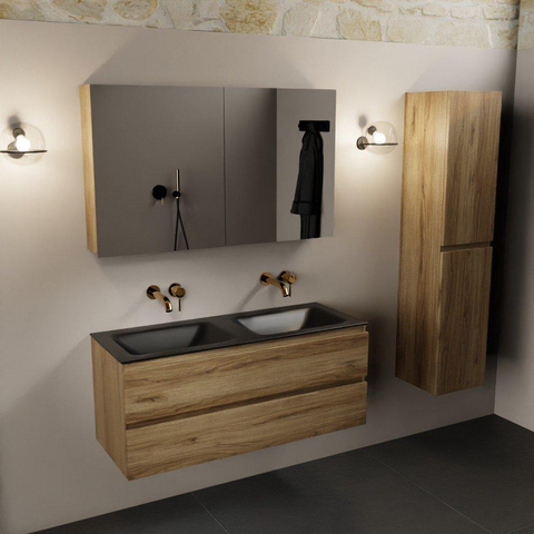 Mondiaz Aivy badmeubelset - 120x45x50cm - 0 kraangaten - 2 wasbakken urban Solid surface - Links en rechts - 2 lades - Met spiegelkast - Melamine Chai SW892186