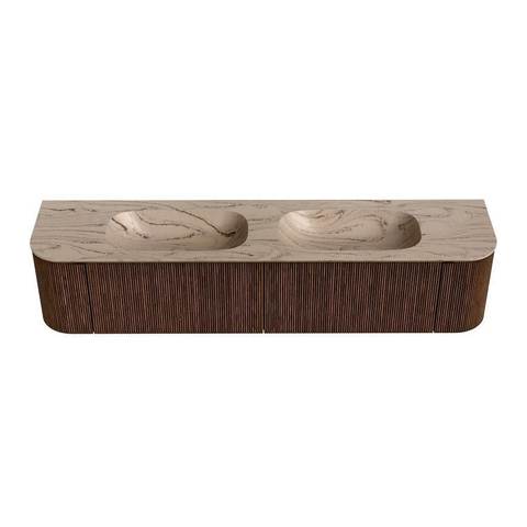 MONDIAZ KURVE-DLUX 200cm badmeubel ronding Links + Rechts kleur Walnut met 2 lades en 2 deuren. Wastafel STOR SMALL Dubbel 2 kraangaten Arena. SW1431259
