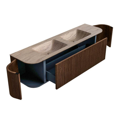 MONDIAZ KURVE-DLUX 170cm badmeubel ronding Links + Rechts kleur Walnut met 1 lade en 2 deuren. Wastafel LEAF Dubbel 2 kraangaten Saba. SW1433205