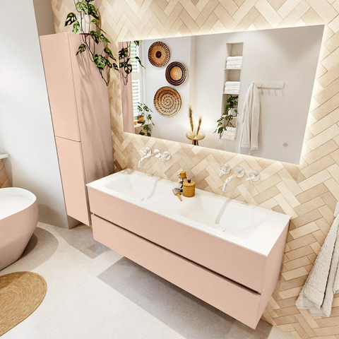MONDIAZ VICA Ensemble meuble de salle de bains - 140cm - meuble bas rosee - 2 tiroirs - lavabo cloud double - sans trous de robinet - version haute 60cm - talc SW1083494
