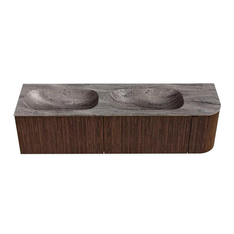 MONDIAZ KURVE-DLUX Meuble de salle de bains 165cm arrondi à droite couleur Walnut avec 2 tiroirs et 1 porte. Lavabo STOR SMALL Double / Gauche 2 trous de robinet Oza. SW1432480