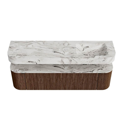 MONDIAZ THOR-DLUX 170cm badmeubel ronding links + rechts kleur Walnut met 1 lade en 2 deuren. Vrijhangende wastafel CLOUD Rechts zonder kraangat kleur Glace. SW1465563