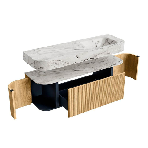 MONDIAZ THOR-DLUX 140cm badmeubel ronding links + rechts kleur Oak met 1 lade en 2 deuren. Vrijhangende wastafel CLOUD Rechts zonder kraangat kleur Glace. SW1463920