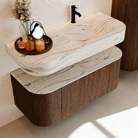 MONDIAZ THOR-DLUX 110cm badmeubel ronding links + rechts kleur Walnut met 1 lade en 2 deuren. Vrijhangende wastafel CLOUD Rechts 1 kraangat kleur Nata. SW1462949