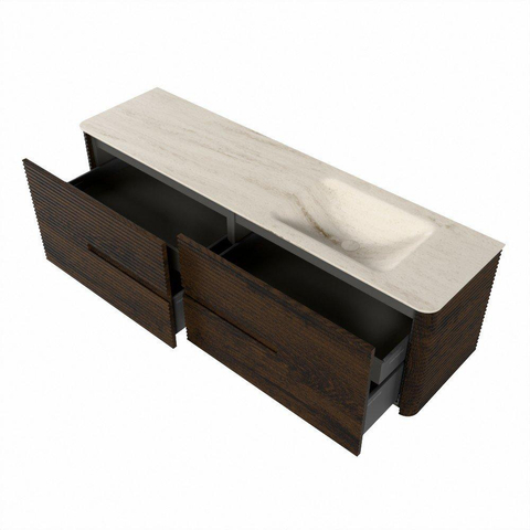 Mondiaz CIRO-DLUX Badkamermeubelset - 170x45x50cm - Solid surface wastafel Meli - 1 wasbak Rechts - zonder kraangaten - 4 lades - Walnut SW1530541
