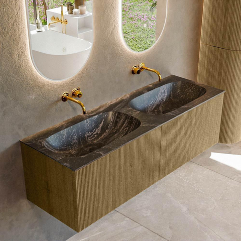 Mondiaz KURVE-DLUX Ensemble de meuble de salle de bains - 140x46x40cm - 2 tiroirs - lavabo solid surface - double - sans trou de robinet - Dusk SW1415559