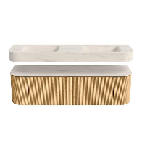 MONDIAZ THOR-DLUX 160cm meuble de salle de bains arrondi gauche + droite couleur Oak avec 1 tiroir et 2 portes. Vasque suspendue CLOUD Double sans trou de robinet couleur Meli. SW1465167