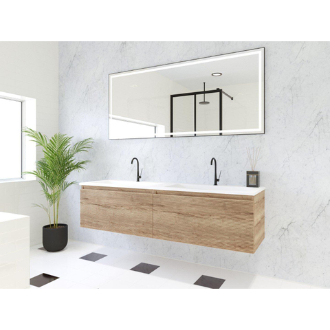 H&R Badmeubelen Matrix 3D badkamermeubelset 160cm 2 laden greeploos met greeplijst in kleur French oak met wasbak thin 2 kraangaten wit mat SW857149
