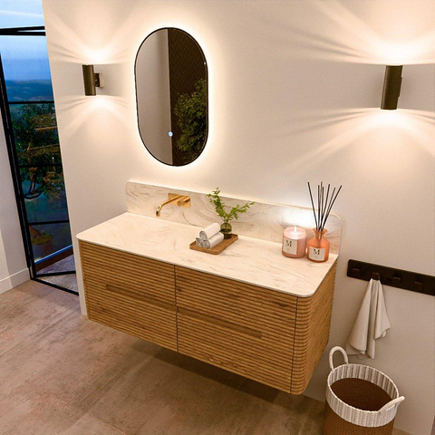Mondiaz CIRO-DLUX Meuble de salle de bains - 130x45x50cm - Plan-vasque en solid surface Ostra - 1 vasque à gauche - sans trous de robinet - 4 tiroirs - Chêne SW1530921