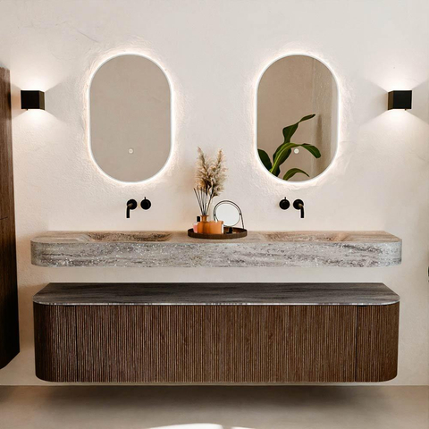 MONDIAZ THOR-DLUX Meuble de salle de bains - 190cm - arrondi gauche + droite - couleur Walnut - 2 tiroirs et 2 portes - Vasque suspendue CLOUD Double sans trou de robinet - couleur Oza SW1466816