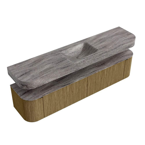 MONDIAZ THOR-DLUX 200cm meuble de salle de bains arrondi gauche + droite couleur Dusk avec 2 tiroirs et 2 portes. Vasque suspendue CLOUD Milieu sans trou de robinet couleur Oza. SW1467190