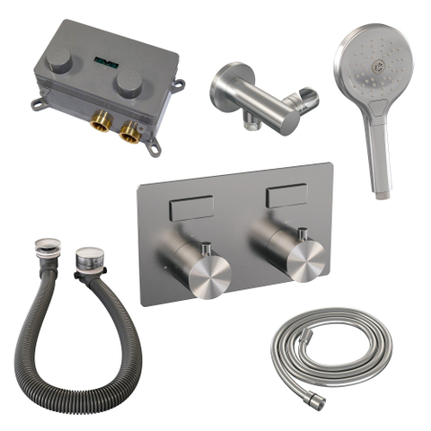 BRAUER Brushed Edition mitigeur de bain encastré thermostatique - boutons-poussoirs SET 04 - ensemble de remplissage de bain - douchette 3 fonctions - flexible de douche - coude d'alimentation mural - inox brossé PVD SW925473