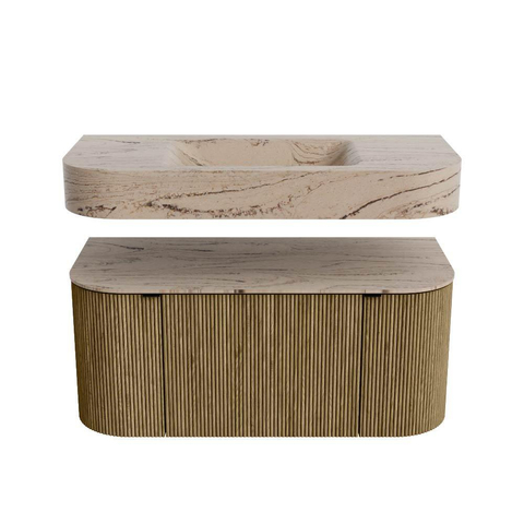 MONDIAZ THOR-DLUX 100cm meuble de salle de bains arrondi gauche + droite couleur Dusk avec 1 tiroir et 2 portes. Vasque suspendue CLOUD Milieu sans trou de robinet couleur Arena. SW1467452