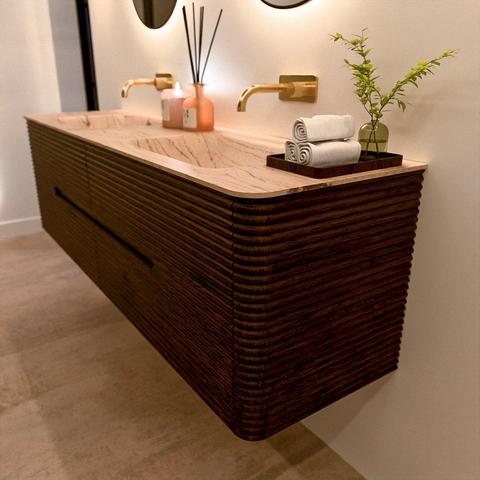 Mondiaz CIRO-DLUX Badkamermeubelset - 170x45x50cm - Solid surface wastafel Arena - 2 wasbak Dubbel - zonder kraangaten - 4 lades - Walnut SW1530498