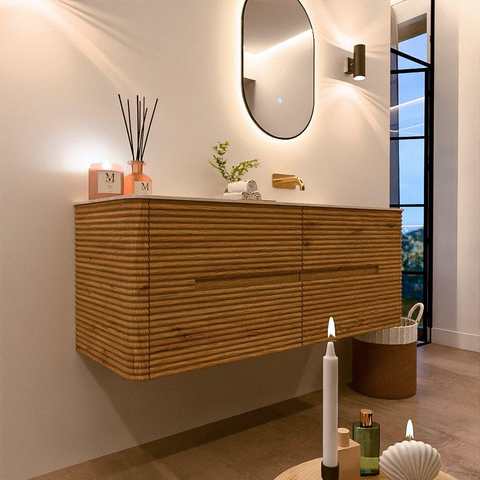 Mondiaz CIRO-DLUX Badkamermeubelset - 130x45x50cm - Solid surface wastafel Meli - 1 wasbak Rechts - zonder kraangaten - 4 lades - Oak SW1531438