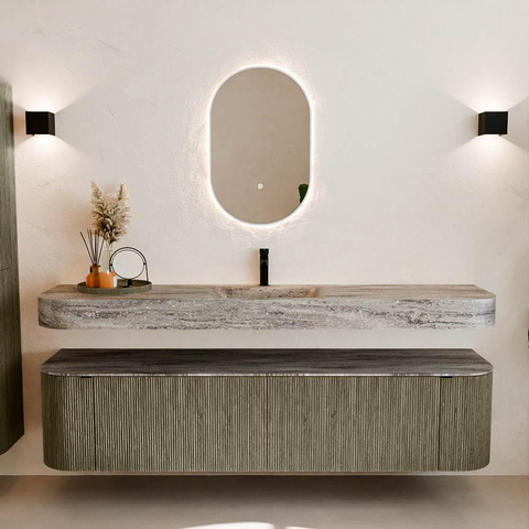 MONDIAZ THOR-DLUX Meuble de salle de bains 190cm arrondi gauche + droite couleur Shadow avec 2 tiroirs et 2 portes. Vasque suspendue CLOUD Milieu 1 trou de robinet couleur Oza. SW1466647