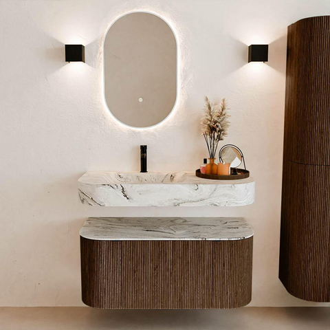 MONDIAZ THOR-DLUX Meuble de salle de bains - 100cm - arrondi gauche + droite - couleur Walnut - 1 tiroir - 2 portes - Vasque suspendue CLOUD Gauche 1 trou de robinet - couleur Glace SW1467370