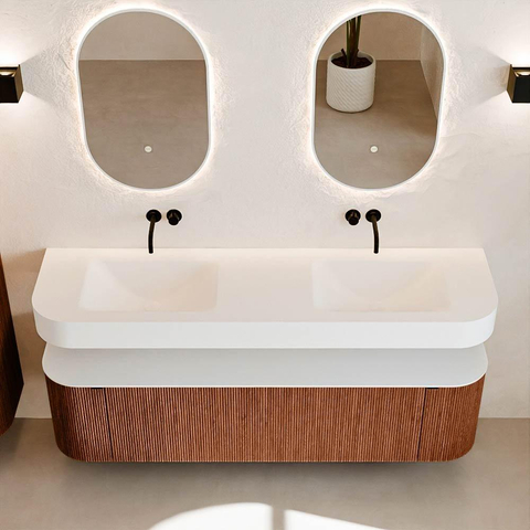 MONDIAZ THOR 170cm badmeubel ronding links + rechts kleur Ruby met 1 lade en 2 deuren. Vrijhangende wastafel CLOUD Dubbel zonder kraangat kleur Talc. SW1465466