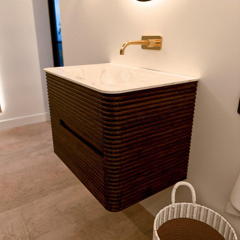 Mondiaz CIRO-DLUX Badkamermeubelset - 70x45x50cm - Solid surface wastafel Ostra - 1 wasbak Midden - zonder kraangaten - 2 lades - Walnut SW1530347