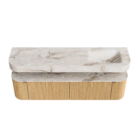 MONDIAZ THOR-DLUX 180cm badmeubel ronding links + rechts kleur Oak met 2 lades en 2 deuren. Vrijhangende wastafel CLOUD Rechts zonder kraangat kleur Frappe. SW1465875
