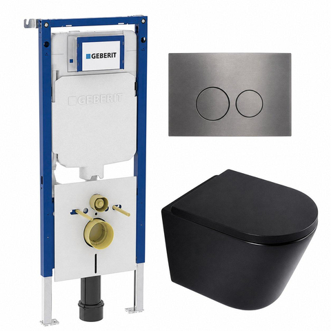 QeramiQ Dely Toiletset - 36.3x51.7cm - diepspoel - rimless - Geberit UP720 inbouwreservoir - softclose toilet zitting - 35mm - gunmetal bedieningsplaat - ronde knoppen - mat zwart SW1427112