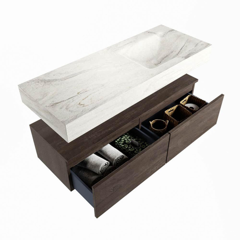 Mondiaz ALAN-DLUX Badkamermeubelset - 130x46cm - 2 lade - vrijhangende wastafel - zonder kraangaten - 2 rechts - Dark brown (eiken donker) SW1159443