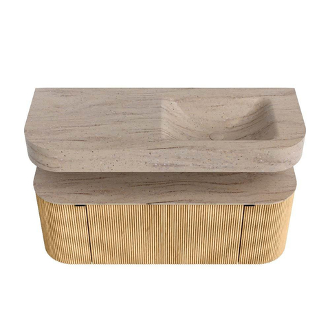MONDIAZ THOR-DLUX 120cm badmeubel ronding links + rechts kleur Oak met 1 lade en 2 deuren. Vrijhangende wastafel CLOUD Rechts zonder kraangat kleur Saba. SW1463430