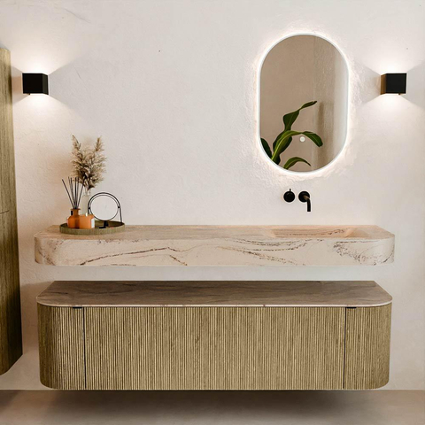MONDIAZ THOR-DLUX 170cm meuble de salle de bains arrondi gauche + droite couleur Dusk avec 1 tiroir et 2 portes. Vasque suspendue CLOUD droite sans trou de robinet couleur Arena. SW1465819