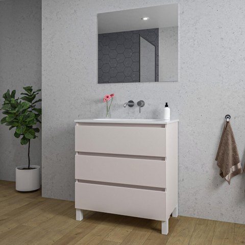 Saniclass Chaci PLUS Meuble de salle de bain - 80x86x46cm - lavabo en céramique blanc - 1 vasque - sans trous de robinet - 3 tiroirs - miroir rectangulaire - mat cotton (beige) SW1182421