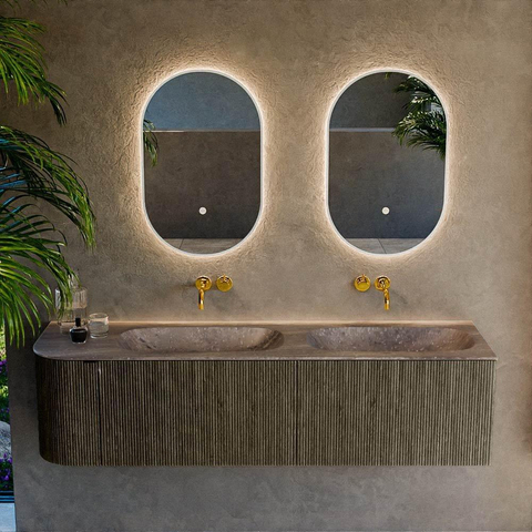 MONDIAZ KURVE-DLUX Meuble de salle de bains 165cm arrondi à gauche couleur Shadow avec 2 tiroirs et 1 porte. Lavabo STOR SMALL Double / à droite sans trou de robinet Oza. SW1432927