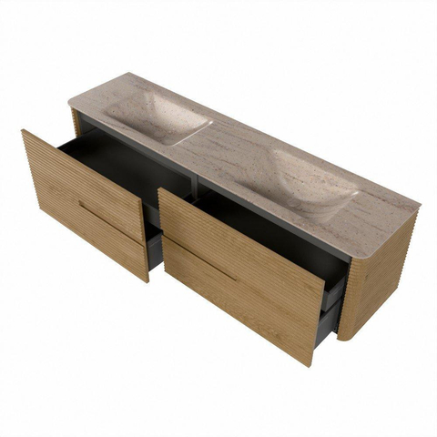 Mondiaz CIRO-DLUX Meuble de salle de bains - 180x45x50cm - Plan vasque solid surface Saba - 2 vasques Double - 2 trous de robinetterie - 4 tiroirs - Chêne SW1531210