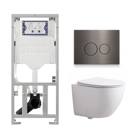 Pack WC QeramiQ Dely Swirl Compact - réservoir encastrable Geberit UP320 - avec bâti-support Burda - abattant slim - plaque de commande en métal gunmetal - boutons ronds - blanc brillant SW1592294