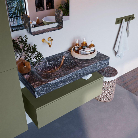 Mondiaz ALAN-DLUX Ensemble de meuble - 100cm - meuble Army mat - 1 tiroir - Lavabo Cloud Lava suspendu - vasque Gauche - 0 trous de robinet SW808408