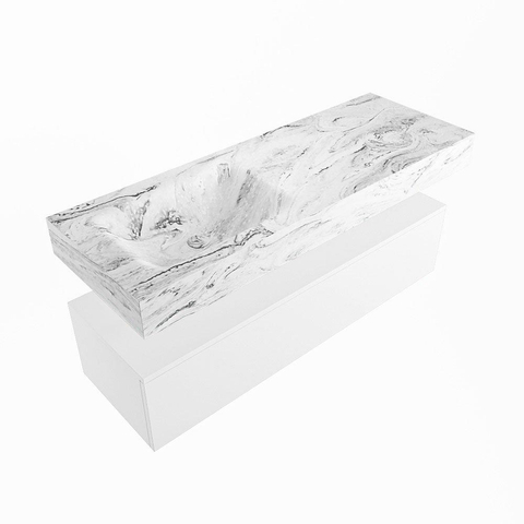 Mondiaz ALAN-DLUX Ensemble de meuble - 130cm - meuble Talc mat - 1 tiroir - Lavabo Cloud Glace suspendu - vasque Gauche - 0 trous de robinet SW805240