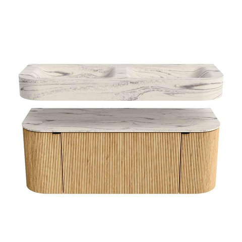 MONDIAZ THOR-DLUX 120cm badmeubel ronding links + rechts kleur Oak met 1 lade en 2 deuren. Vrijhangende wastafel CLOUD Dubbel zonder kraangat kleur Nata. SW1463371