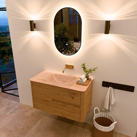 Mondiaz CIRO-DLUX Badkamermeubelset - 90x45x50cm - Solid surface wastafel Saba - 1 wasbak Midden - zonder kraangaten - 2 lades - Oak SW1531169
