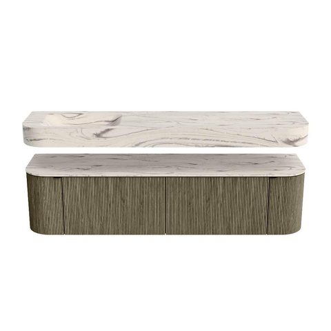 MONDIAZ THOR-DLUX 180cm meuble de salle de bains arrondi gauche + droite couleur Shadow avec 2 tiroirs et 2 portes. Vasque suspendue CLOUD gauche 1 trou de robinet couleur Nata. SW1466219