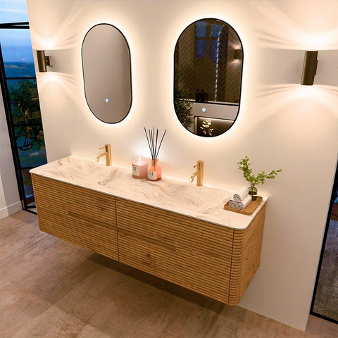 Mondiaz CIRO-DLUX Badkamermeubelset - 170x45x50cm - Solid surface wastafel Frappe - 2 wasbak Dubbel - 2 kraangaten - 4 lades - Oak SW1530895