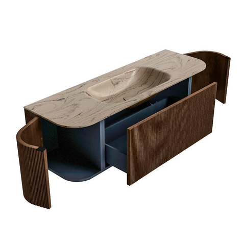 MONDIAZ KURVE-DLUX 140cm badmeubel ronding Links + Rechts kleur Walnut met 1 lade en 2 deuren. Wastafel BIG SMALL Midden zonder kraangat Arena. SW1431194