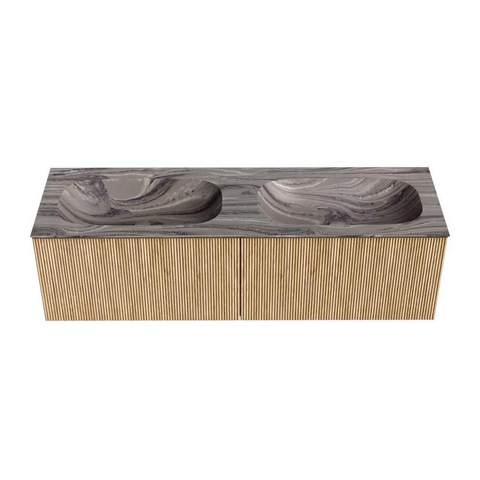 MONDIAZ KURVE-DLUX 150cm badmeubel kleur Oak met 2 lades en 0 deuren. Wastafel STOR SMALL Dubbel zonder kraangat Sombra. SW1433610