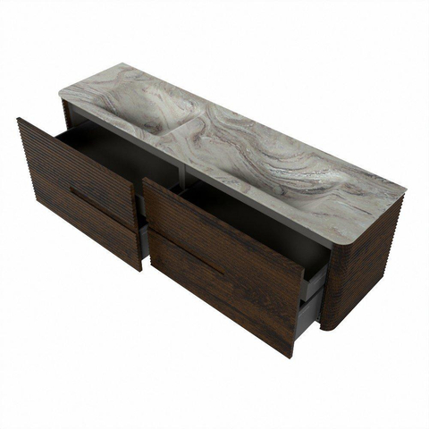 Mondiaz CIRO-DLUX Ensemble de meubles de salle de bains - 170x45x50cm - Plan-vasque Solid surface Glace - 2 vasques Double - 2 trous de robinet - 4 tiroirs - Noyer SW1530273