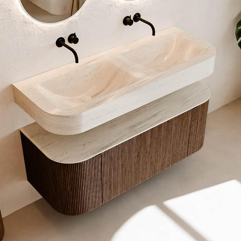 MONDIAZ THOR-DLUX 120cm meuble de salle de bains arrondi gauche + droite couleur Walnut avec 1 tiroir et 2 portes. Vasque suspendue CLOUD Double sans trou de robinet couleur Meli. SW1463397