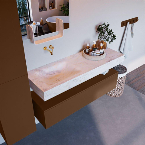 Mondiaz ALAN-DLUX Ensemble de meuble - 130cm - meuble Rust mat - 1 tiroir - Lavabo Cloud Ostra suspendu - vasque gauche - 0 trous de robinet SW807519