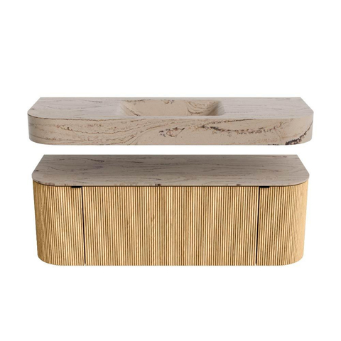 MONDIAZ THOR-DLUX 130cm meuble de salle de bains arrondi gauche + droite couleur Oak avec 1 tiroir et 2 portes. Vasque suspendue CLOUD Centre sans trou de robinet couleur Arena. SW1463764