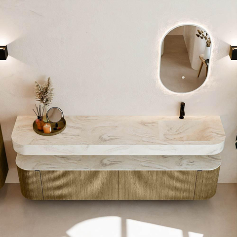 MONDIAZ THOR-DLUX 200cm meuble de salle de bains arrondi gauche + droite couleur Dusk avec 2 tiroirs et 2 portes. Vasque suspendue CLOUD Droite 1 trou de robinet couleur Ostra. SW1466863