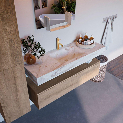 Mondiaz ALAN-DLUX Ensemble de meuble - 130cm - meuble Washed Oak mat - 1 tiroir - Lavabo Cloud Frappe suspendu - vasque Centre - 1 trou de robinet SW808819